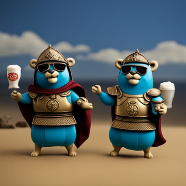 Go Blue Gopher is happy with a cup of beer and his brother. They are wearing samurai armor.