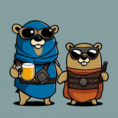 Go Blue Gopher is happy with a cup of beer and his brother. They are wearing samurai armor.