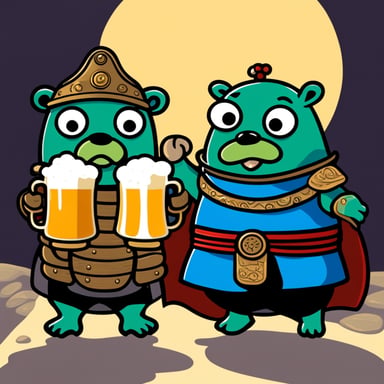 Go Blue Gopher with a cup of beer and his brother are wearing samurai armor, with a big frog in the background.