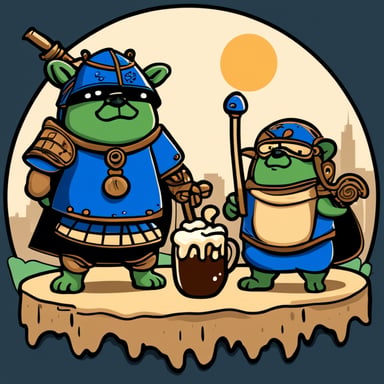 Go Blue Gopher with a cup of beer and his brother are wearing samurai armor, with a big frog in the background.