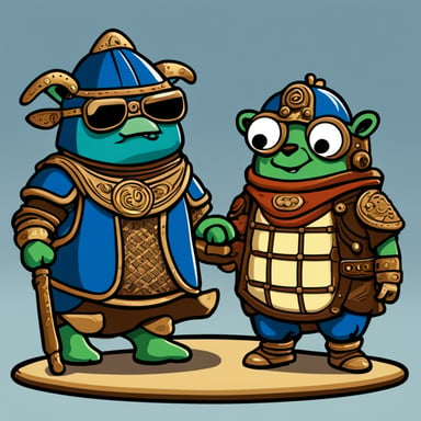 Go Blue Gopher with a cup of beer and his brother are wearing samurai armor, with a big frog in the background.