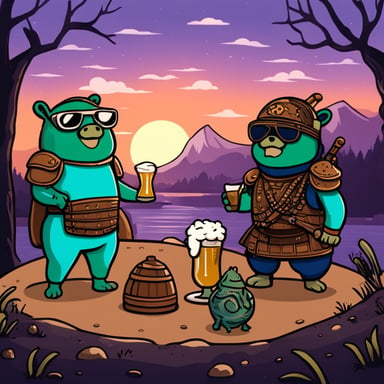 Go Blue Gopher with a cup of beer and his brother are wearing samurai armor, with a big frog in the background.