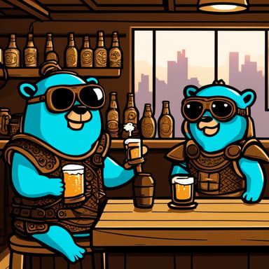 Go Blue Gopher drinks beer and his brother in the bar. They are wearing samurai armor. There is a big daemon in the background.
