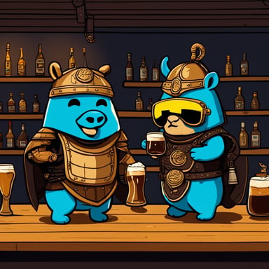 Go Blue Gopher drinks beer and his brother in the bar. They are wearing samurai armor. There is a big daemon in the background.
