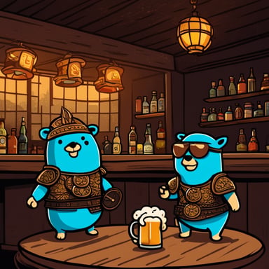 Go Blue Gopher drinks beer and his brother in the bar. They are wearing samurai armor. There is a big daemon in the background.
