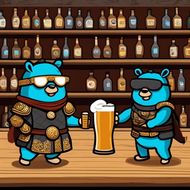 Go Blue Gopher drinks beer and his brother in the bar. They are wearing samurai armor. There is a big daemon in the background.