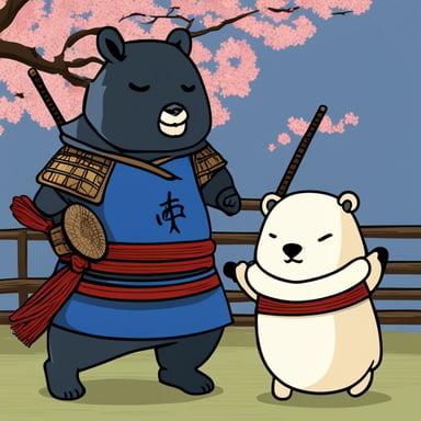 Two Samurai brothers in the Japan village were known for their unmatched skills and bravery. Among them was a unique figure, a mascot named Go Blue Gopher, admired for its spirit and courage, standing alongside the warriors as a symbol of their strength and unity.