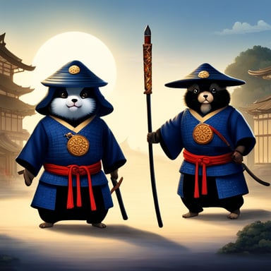 Two Samurai brothers in the Japan village were known for their unmatched skills and bravery. Among them was a unique figure, a mascot named Go Blue Gopher, admired for its spirit and courage, standing alongside the warriors as a symbol of their strength and unity.