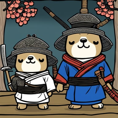 Two Samurai brothers in the Japan village were known for their unmatched skills and bravery. Among them was a unique figure, a mascot named Go Blue Gopher, admired for its spirit and courage, standing alongside the warriors as a symbol of their strength and unity.