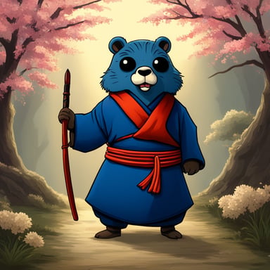 Two Samurai brothers in the Japan village were known for their unmatched skills and bravery. Among them was a unique figure, a mascot named Go Blue Gopher, admired for its spirit and courage, standing alongside the warriors as a symbol of their strength and unity.