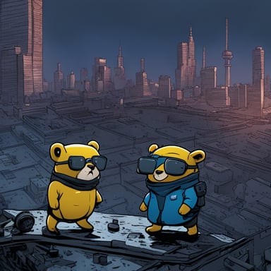 Two cyberpunk gophers, including Go Blue Gopher, look at a blown-up building from the roof.