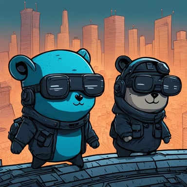 Two cyberpunk gophers, including Go Blue Gopher, look at a blown-up building from the roof.
