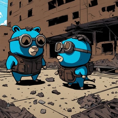 Two cyberpunk gophers, including Go Blue Gopher, look at a blown-up building from the roof.