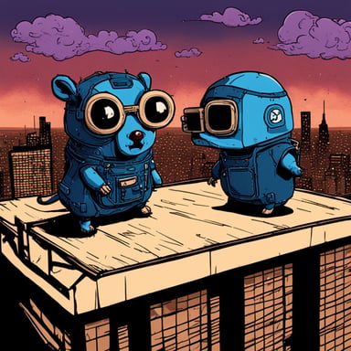 Two cyberpunk gophers, including Go Blue Gopher, look at a blown-up building from the roof.