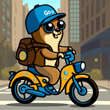 Go Blue Gopher riding on a bike in the city.