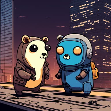 Two cyberpunk gophers, including Go Blue Gopher, look at a blown-up building from the roof. Vertical orientation.