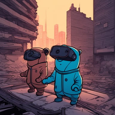 Two cyberpunk gophers, including Go Blue Gopher, look at a blown-up building from the roof. Vertical orientation.