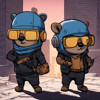 Two cyberpunk gophers, including Go Blue Gopher, look at a blown-up building from the roof. Vertical orientation.