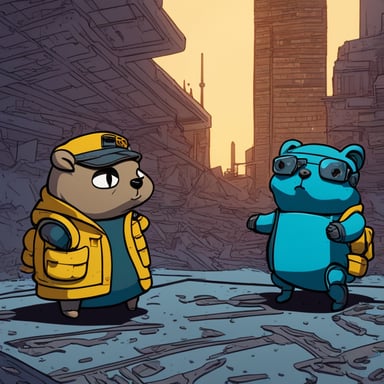 Two cyberpunk gophers, including Go Blue Gopher, look at a blown-up building from the roof. Vertical orientation.