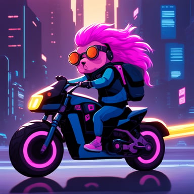 Go Blue Gopher with cyberpunk pink hair riding on the cyberbike.