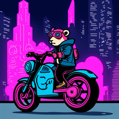 Go Blue Gopher with cyberpunk pink hair riding on the cyberbike.