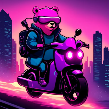 Go Blue Gopher with cyberpunk pink hair riding on the cyberbike.