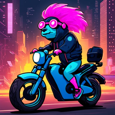 Go Blue Gopher with cyberpunk pink hair riding on the cyberbike.