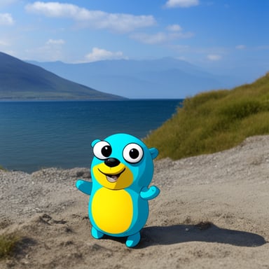 Go blue gopher at the Black Sea seashore near Caucasus mountains.
