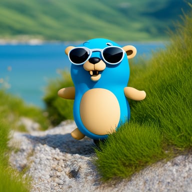 Go blue gopher at the Black Sea seashore near Caucasus mountains.