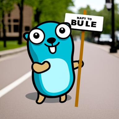 Happy Go Blue Gopher holds a sign.