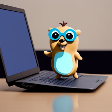 Go Blue Gopher near laptop.