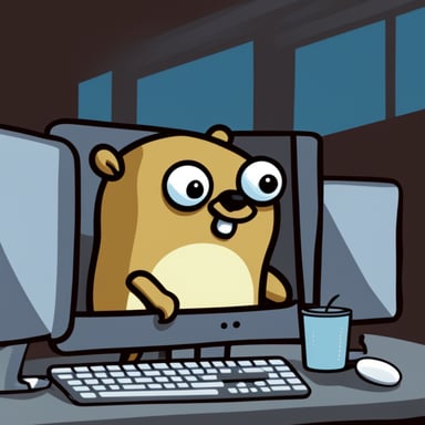 Devastated Go Blue Gopher with pimples under the eyes sitting in front of monitor in dark room.