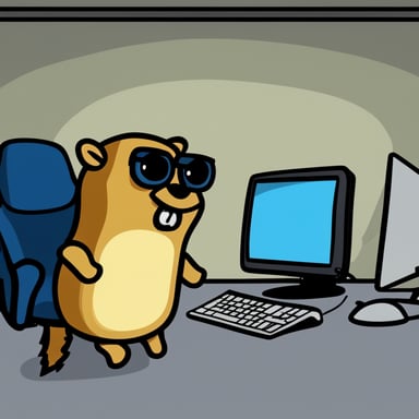 Devastated Go Blue Gopher with pimples under the eyes sitting in front of monitor in dark room.