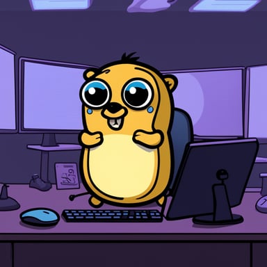 Devastated Go Blue Gopher with pimples under the eyes sitting in front of monitor in dark room.