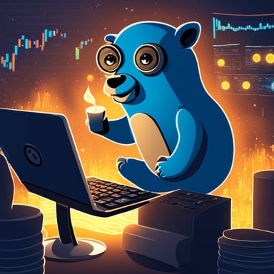 Go Blue Gopher working hard with market candles on monitor.