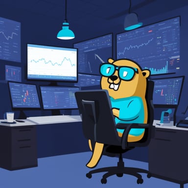Go Blue Gopher working hard with market candles on monitor.