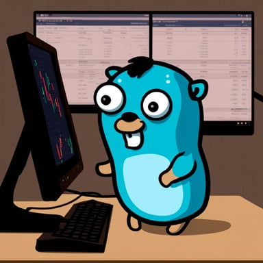 Go Blue Gopher working hard with market candles on monitor.