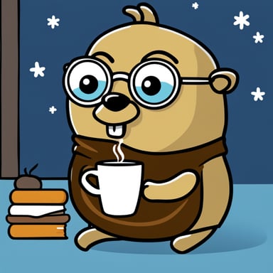 Go Blue Gopher with glasses in the morning with a cup of coffee.