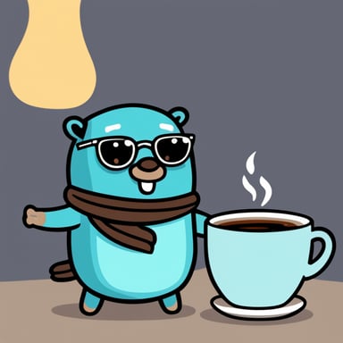 Go Blue Gopher with glasses in the morning with a cup of coffee.