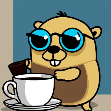 Go Blue Gopher with glasses in the morning with a cup of coffee.