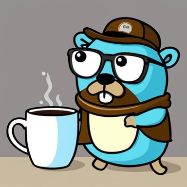Go Blue Gopher with glasses in the morning with a cup of coffee.