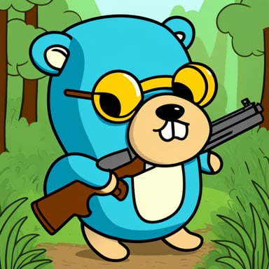 Go Blue Gopher with a shotgun in the forest.