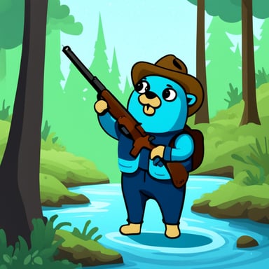 Go Blue Gopher with a shotgun in the forest.