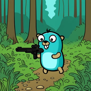 Go Blue Gopher with a shotgun in the forest.