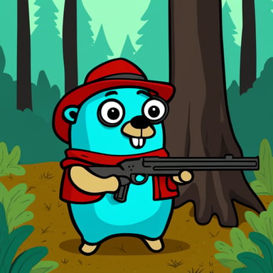 Go Blue Gopher with a shotgun in the forest.