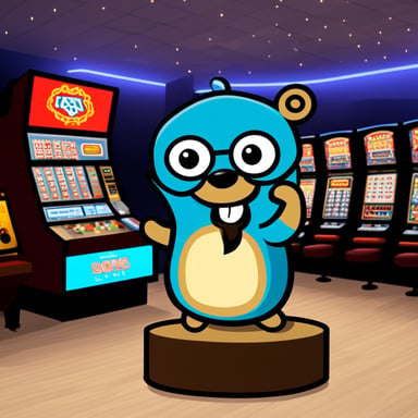 Go Blue Gopher with money, slot machines in the background.