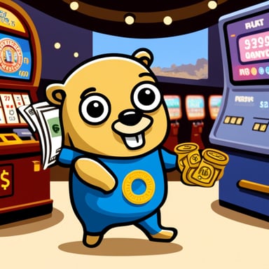Go Blue Gopher with money, slot machines in the background.