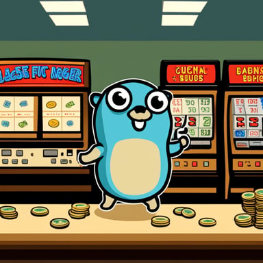 Go Blue Gopher with money, slot machines in the background.