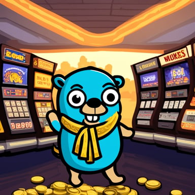 Go Blue Gopher with money, slot machines in the background.