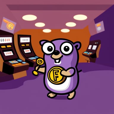 Go Blue Gopher in a purple t-shirt with letter F on the chest, holding cash with slot machines in the background.